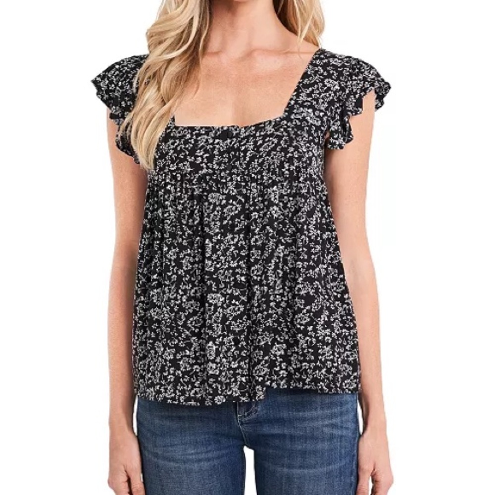 Ruffle Sleeve Ditsy Floral Blouse | Black & White Babydoll Top L - Picture 3 of 3